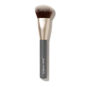 Multi-use face makeup brush with dense brown to white bristles, matte gold ferrule and dark slate-grey handle embossed